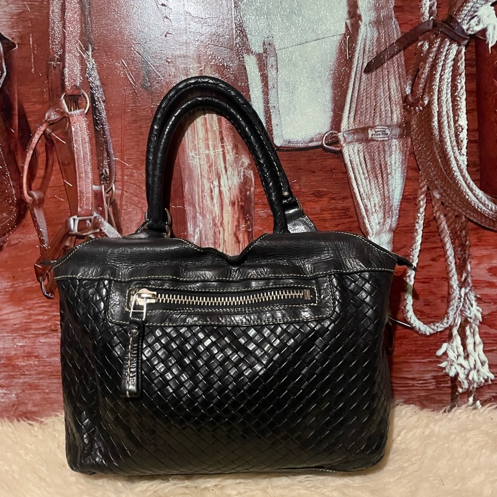 Roots woven black leather bag
